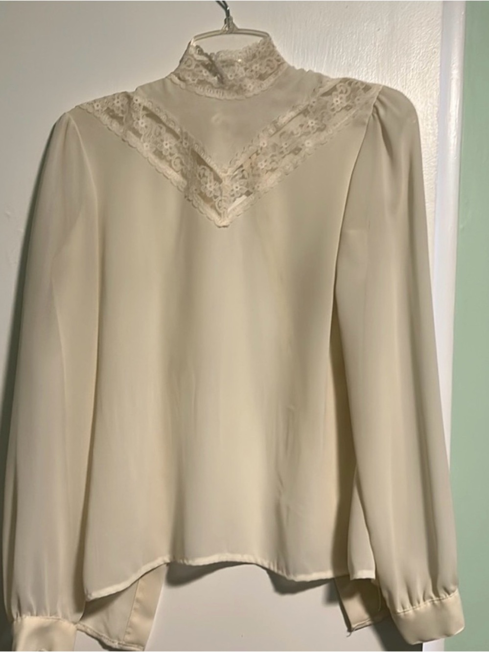 Vintage Handmade Ivory Lace High Neck Pearl Button Blouse S